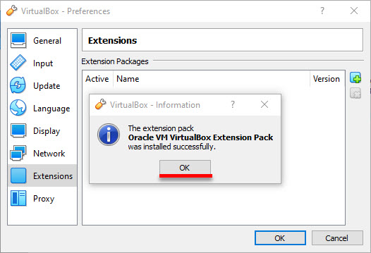 Installed VirtualBox Extension Pack