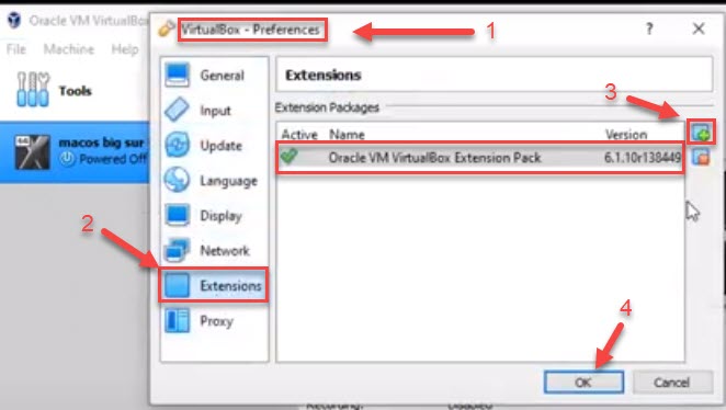 virtualbox extension pack configuration